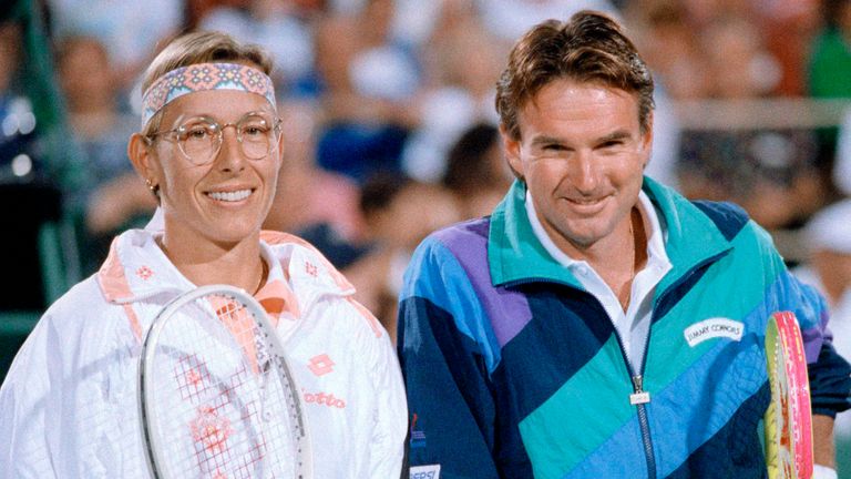 Martina Navratilova and Jimmy Connors played a 'Battle of the Sexes' match in 1992. Pic: AP