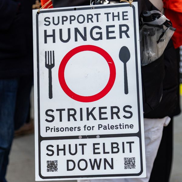 A sign supporting the hunger strike seen during a protest at the Royal Courts Of Justice last month. Pic: AP
