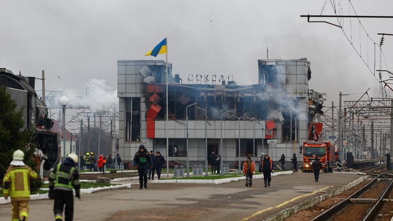 Russia struke a train station in the city of Fastiv. Pics: Reuters