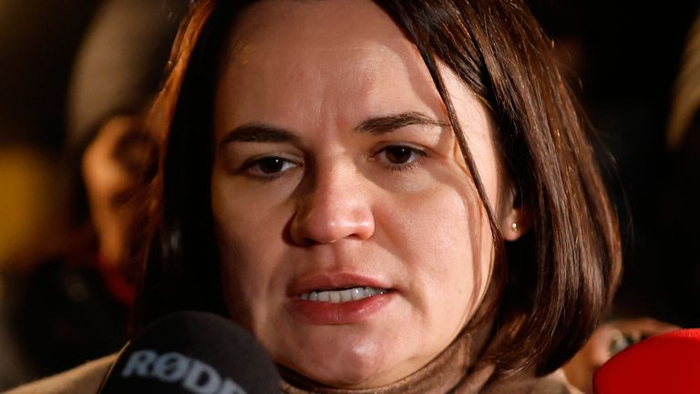 Belarusian opposition leader Sviatlana Tsikhanouskaya, who's living in exile, met prisoners at the US Embassy in Lithuania. Pic: AP