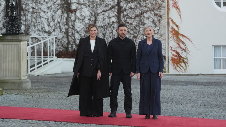 Volodymyr Zelenskyy and his wife, Olena Zelenska, meet Irish President Catherine Connolly. Pic: AP