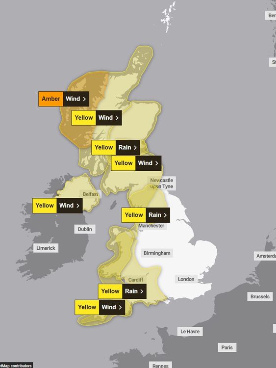 Weather warnings issued for Tuesday. Pic: Met Office