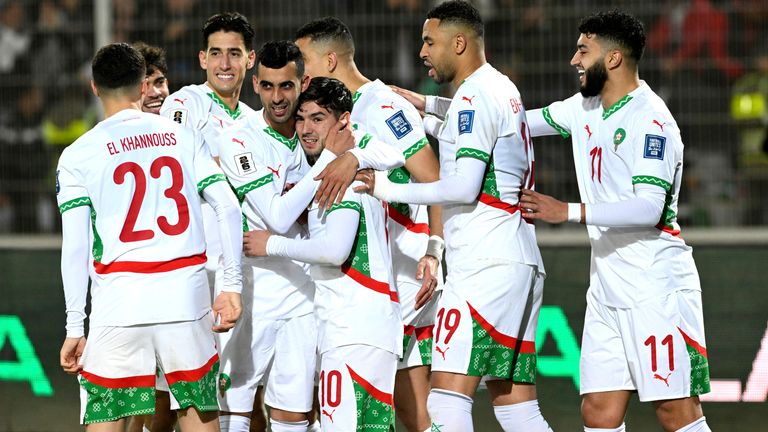 Morocco's Brahim Daz celebrates after scoring the second goal against Tanzania during World Cup qualifying in March