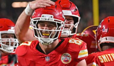 Kansas City Chiefs tight end Travis Kelce (87) celebrates after scoring a touchdown against the Washington Commanders