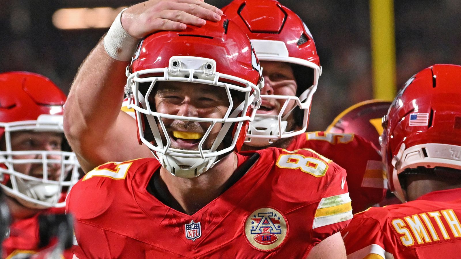 Kansas City Chiefs tight end Travis Kelce (87) celebrates after scoring a touchdown against the Washington Commanders