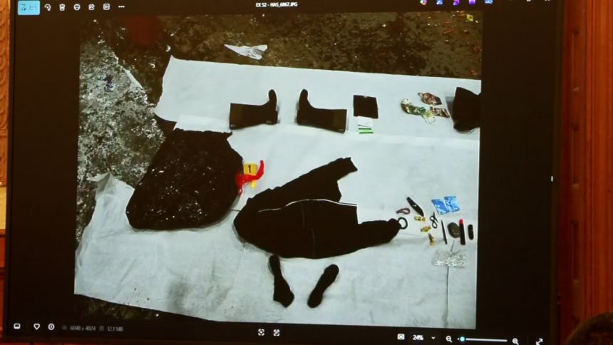 A photograph of items recovered from a dumpster is shown in court on Tuesday. An investigator testified they belonged to Ana Walshe.