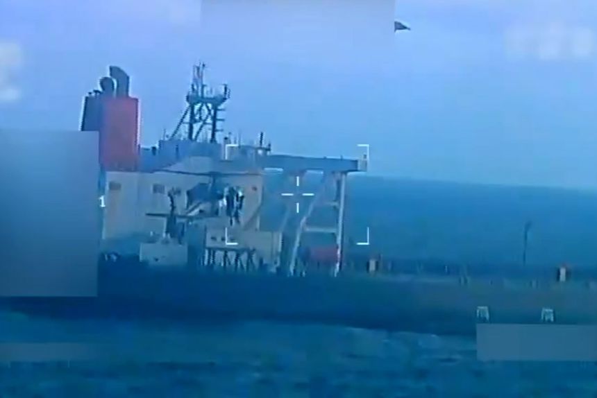 This screengrab taken from a video posted by Attorney General Pam Bondi on December 10 shows US forces seizing an oil tanker off the coast of Venezuela.