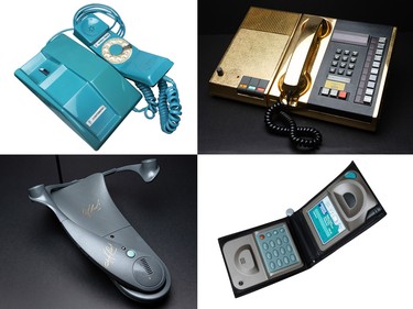 Vintage telephones from the collection of Doug Duffy, The Old Telephone Room, Belleville, Ont. Clockwise from top left: a Northern Electric Contempra, a Northern Telecom SL1, a 1996 wallet phone prototype from Nortel and a 1995 Nortel SoundBeam prototype hands-free device.