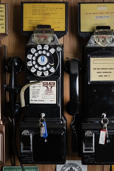 Vintage payphones at The Old Telephone Room in Belleville, Ontario, in November 2025.