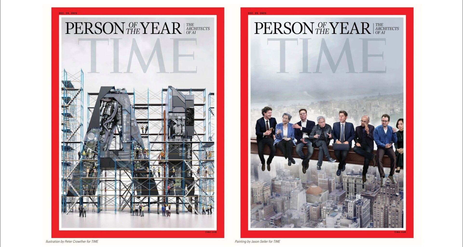 Two side-by-side Time Magazine covers: the first large letters AI, the second a doctored image of people sitting on a metal beam high above a city skyline.