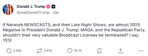 A screenshot of Donald Trump's Truth Social post.