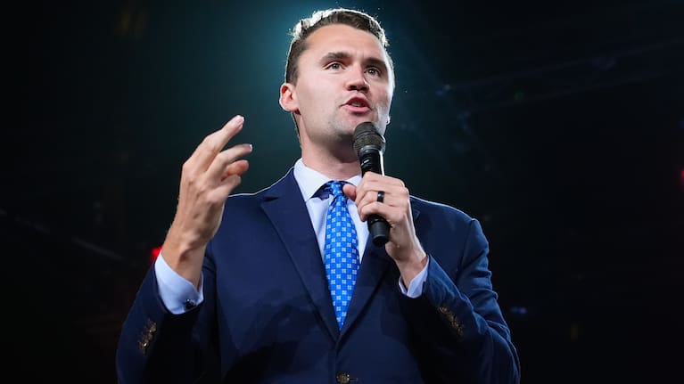 Turning Point USA Founder Charlie Kirk speaks at a Turning Point event during the 2024 US election. 