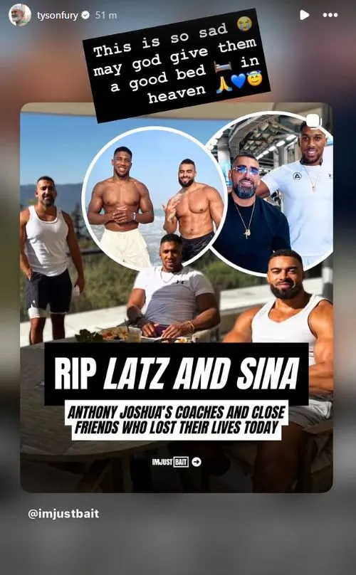 Tyson Fury's tribute after Anthony Joshua's car crash