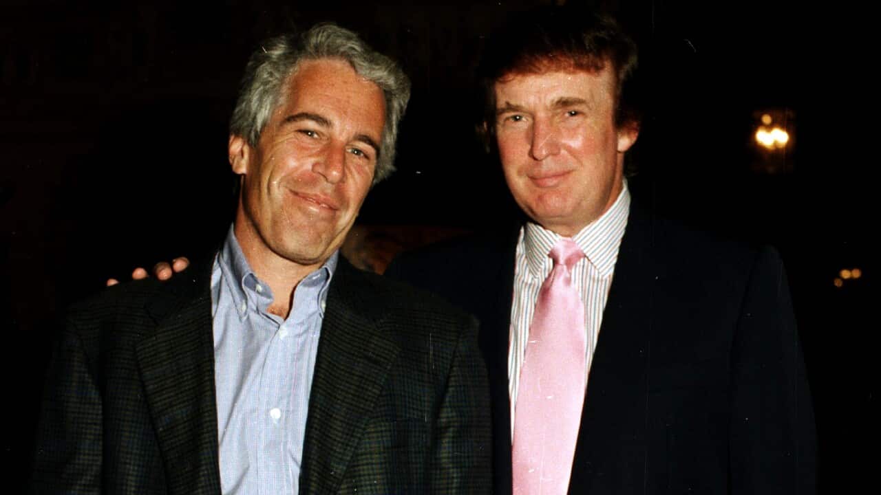 A photograph captures Jeffrey Epstein and Donald Trump posing together against a dark background.