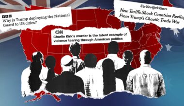 A design showing a group of people looking at a red US map, with newspaper headlines above about US news events