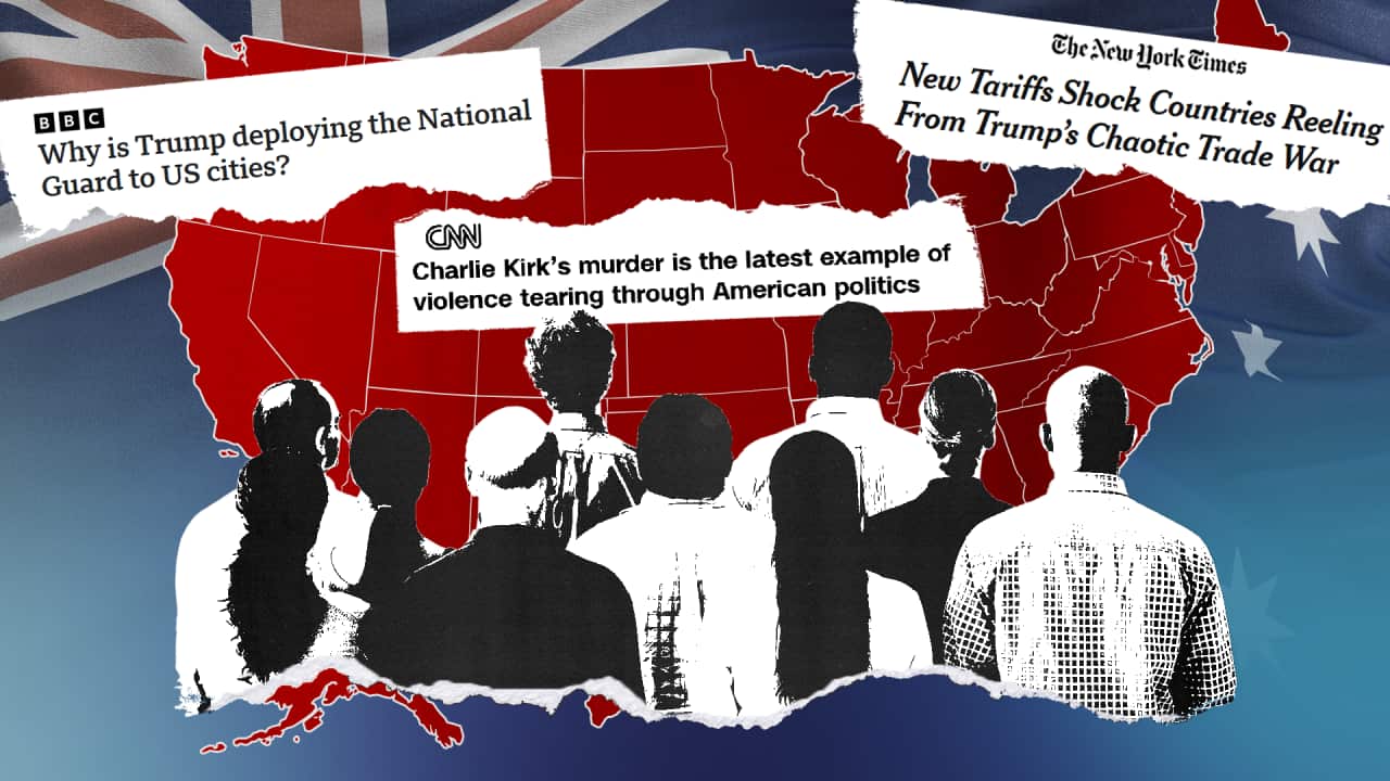 A design showing a group of people looking at a red US map, with newspaper headlines above about US news events