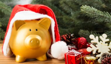 A gold piggy bank sitting under a Christmas tree.