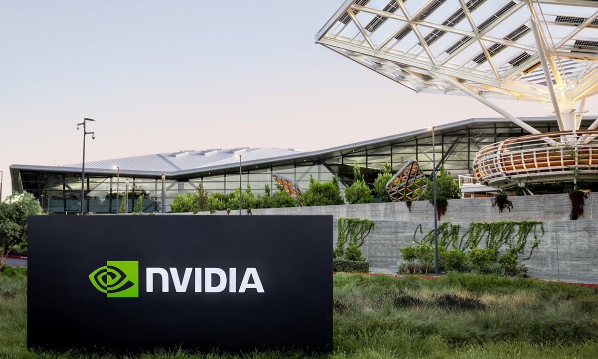 Nvidia headquarters outside with black Nvidia sign.