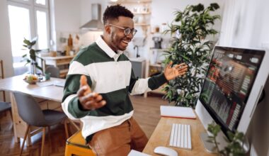 Investor celebrating stock wins.