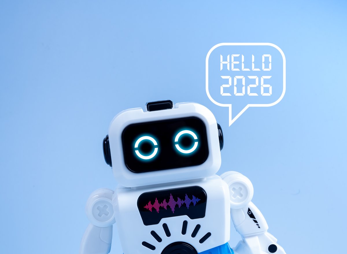 A white robot that says "Hello 2026" in a bubble