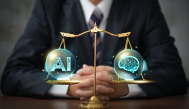 A business person sits facing a balanced scale with AI on one pan and human intelligence on the other.
