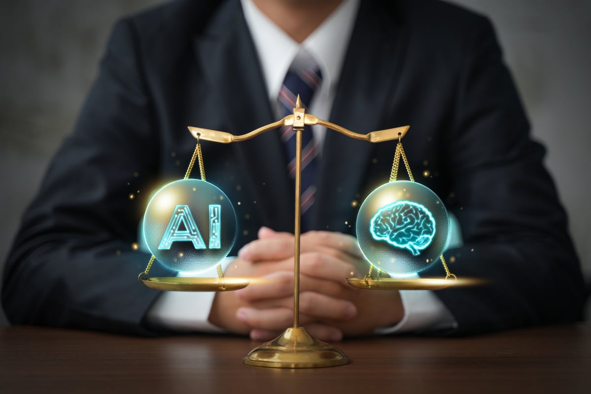 A business person sits facing a balanced scale with AI on one pan and human intelligence on the other.