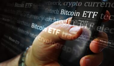 A hand holds a smartphone against a background with the words Bitcoin ETF repeated.