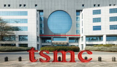 TSMC logo outside a company building.