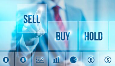 The words sell, buy, and hold superimposed over a person.