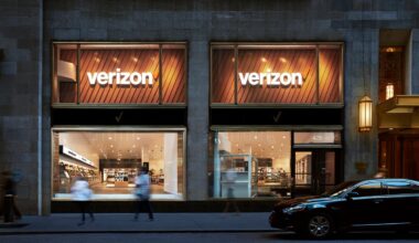 A storefront with two large Verizon logos in the windows.