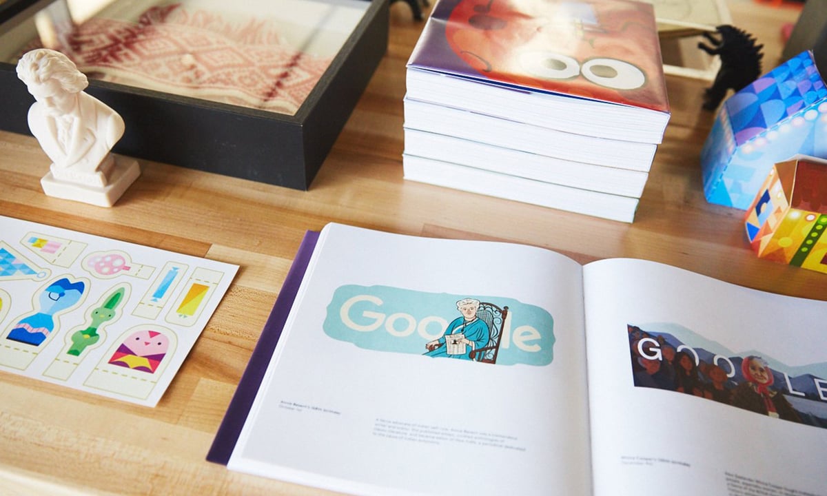 A Google doodle book on a table.