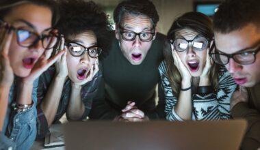 Group of shocked-looking people looking at computer screen.