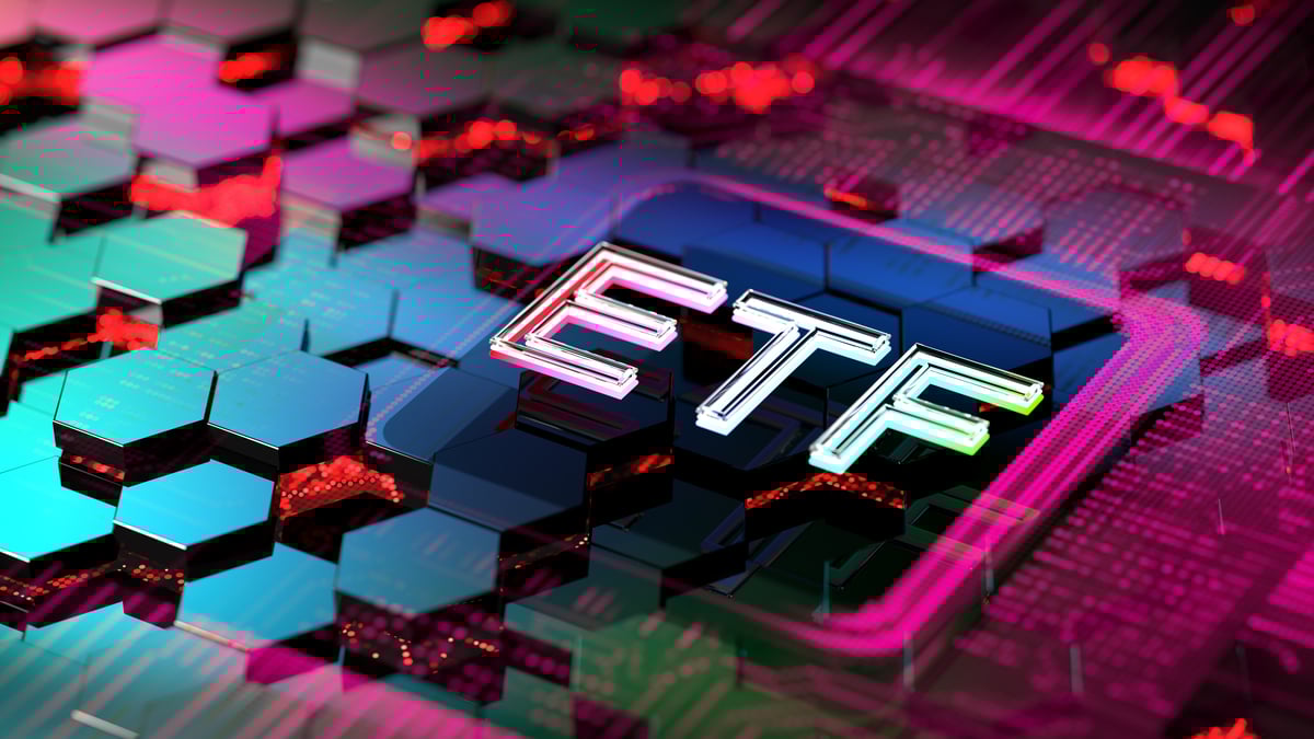 The letters "ETF" against a  colorful background.