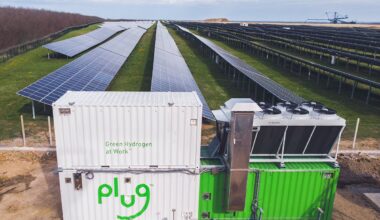 Plug Power's electrolyzer system outside of a solar farm.