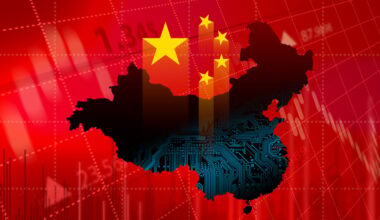 Red Chinese flag with a stock market superimposed and a big black hole shaped like China in the middle.