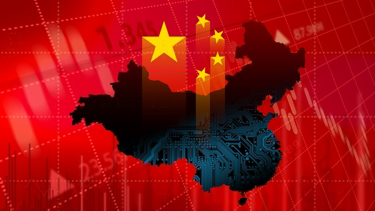 Red Chinese flag with a stock market superimposed and a big black hole shaped like China in the middle.