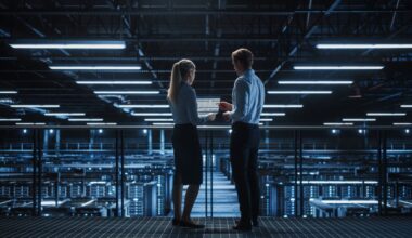 Two people are working inside a data center.
