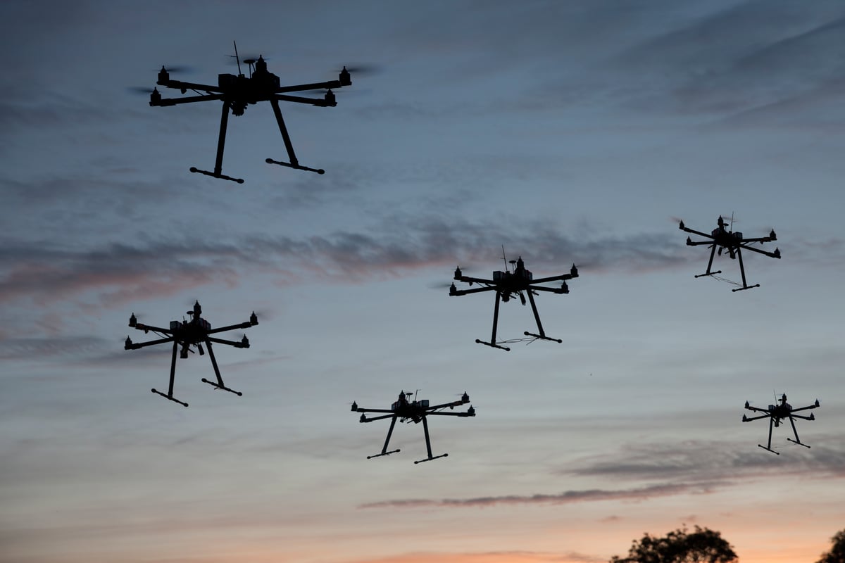 Hexacopter drones flying in the air.
