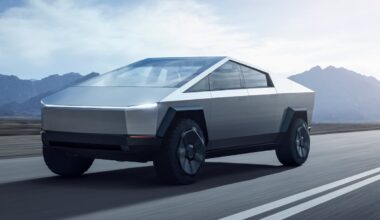 Tesla cybertruck on the road.