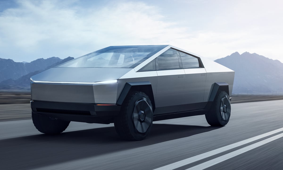 Tesla cybertruck on the road.