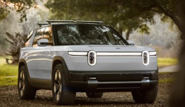 white Rivian R2, which will begin full production and sales in 2026.