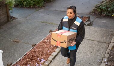Amazon delivery person delivering a package.