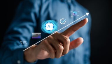 A person pointing to a line chart that is moving up and to the right, featuring milestones -- including one that says AI.