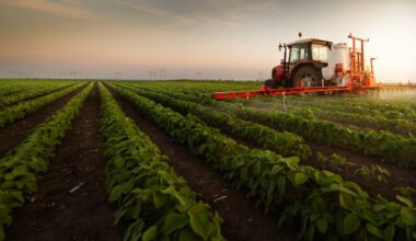 A large tractor harvests  leafy vegetables in an expansive field.