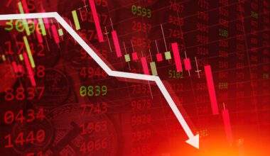 A charting arrow trending downward on a bright red backdrop.