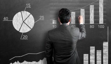 A person in a black suit draws stock-price charts on a blackboard.
