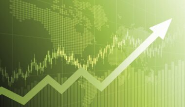 A chart showing a stock price rising.