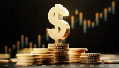 A dollar sign atop stacked gold coins in front of an upward-trending price chart.