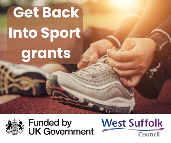 The image shows someone on a running track trying up their laces. The text reads Get Back Into Sport grants. The Funded by UK Government and West Suffolk Council logos feature.