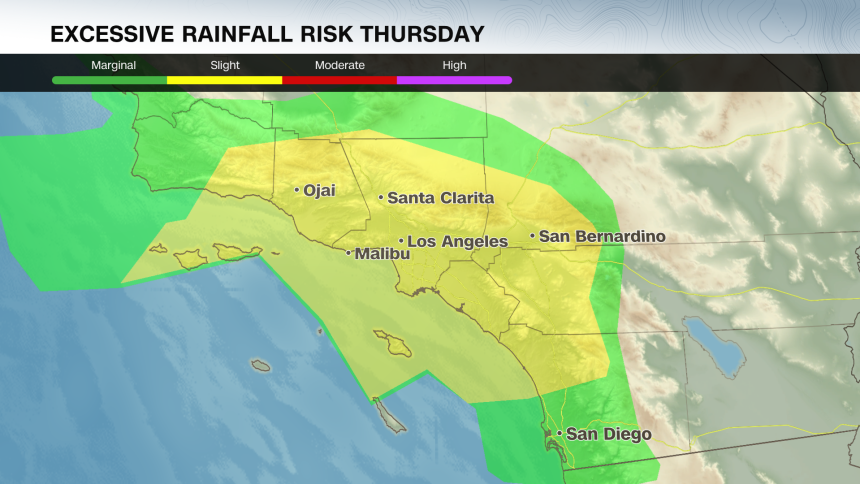 Thursday's excessive rainfall threat area. Many of these locations are in the threat area Wednesday night as well.